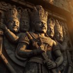 Ilustrasi detail relief batu candi memperlihatkan sosok bermahkota berkepala banyak