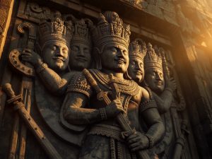 Ilustrasi detail relief batu candi memperlihatkan sosok bermahkota berkepala banyak