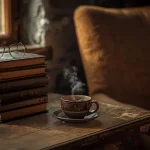 Ilustrasi tumpukan novel bersampul keras di meja kayu dekat kursi baca dengan cahaya sore