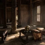 Ilustrasi ruang tamu rumah panggung kayu adat dengan tiang berukir, lantai tikar anyaman, dua kursi rendah berhadapan, dan meja pendek berisi wadah sirih kuningan, cangkir keramik, serta kain terlipat