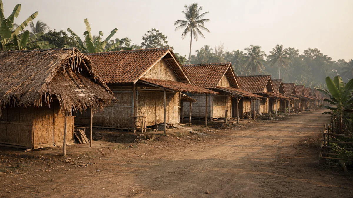 Deretan rumah pekerja berdinding bambu dengan atap genting baru di desa perkebunan.