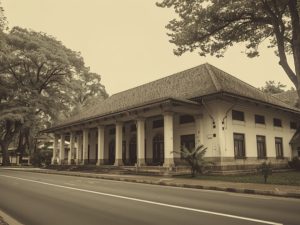 Ilustrasi bangunan rumah sakit bergaya Indis di tepi jalan lengang