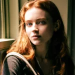 Potret Sadie Sink dengan rambut merah menyala duduk di dekat jendela