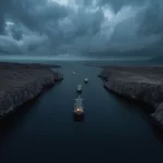 Kapal-kapal tanker berlabuh di sebuah selat sempit di antara pesisir berbatu saat senja