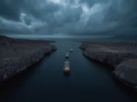 Kapal-kapal tanker berlabuh di sebuah selat sempit di antara pesisir berbatu saat senja