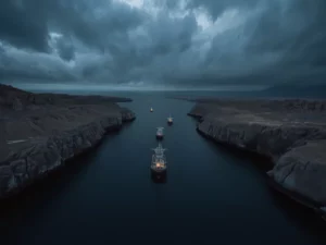 Kapal-kapal tanker berlabuh di sebuah selat sempit di antara pesisir berbatu saat senja