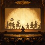 Ilustrasi pertunjukan wayang kulit dengan iringan gamelan pada malam hari