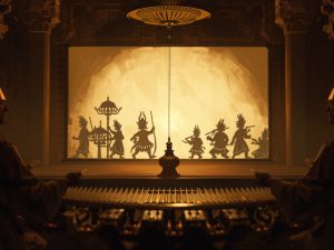 Ilustrasi pertunjukan wayang kulit dengan iringan gamelan pada malam hari