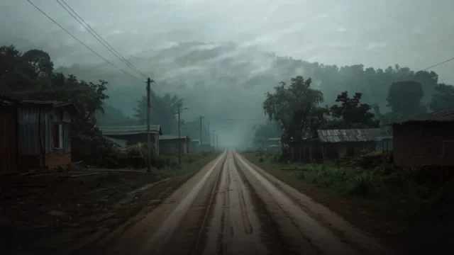 Ilustrasi jalan desa Afrika Tengah dengan rumah kayu sederhana dan kabut asap di atas hutan tropis