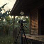 Ilustrasi kamera di atas tripod menghadap rumah kayu di kampung pada sore hari
