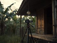 Ilustrasi kamera di atas tripod menghadap rumah kayu di kampung pada sore hari