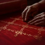 Sepasang tangan menenun kain sutra merah dengan motif benang emas pada alat tenun kayu tradisional