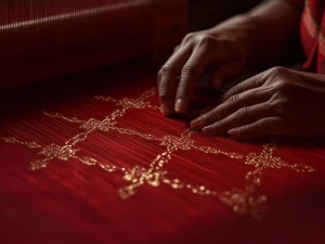 Sepasang tangan menenun kain sutra merah dengan motif benang emas pada alat tenun kayu tradisional