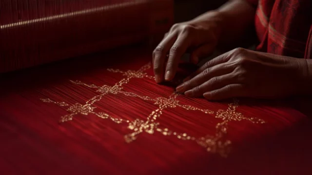 Sepasang tangan menenun kain sutra merah dengan motif benang emas pada alat tenun kayu tradisional