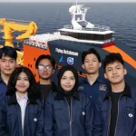 Tim riset gabungan Hydromodelling dan Arkana ITS berfoto dengan desain kapal berbahan bakar hidrogen rancangan mereka.