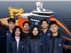 Tim riset gabungan Hydromodelling dan Arkana ITS berfoto dengan desain kapal berbahan bakar hidrogen rancangan mereka.