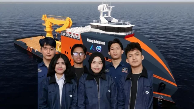 Tim riset gabungan Hydromodelling dan Arkana ITS berfoto dengan desain kapal berbahan bakar hidrogen rancangan mereka.