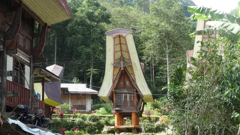 Rumah adat tongkonan dan lumbung padi Toraja dengan dinding berukir geometris berwarna merah, hitam, putih, dan kuning di lereng berhutan