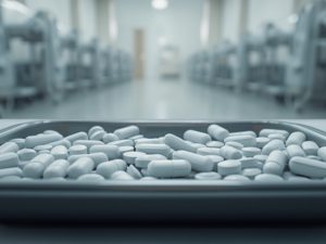 Ilustrasi deretan tablet putih dan kapsul di atas nampan obat rumah sakit berlatar kabur.