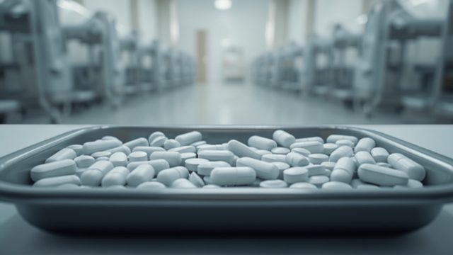 Ilustrasi deretan tablet putih dan kapsul di atas nampan obat rumah sakit berlatar kabur.