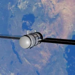 Ilustrasi satelit mengorbit Bumi dengan latar permukaan samudra biru