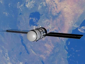 Ilustrasi satelit mengorbit Bumi dengan latar permukaan samudra biru