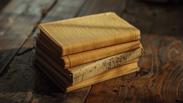 Ilustrasi tumpukan buku Sunda beraksara Latin ejaan lama di atas meja kayu tua.