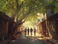 Ilustrasi rombongan pesepeda melintasi gang berdinding tembok tua pada pagi hari