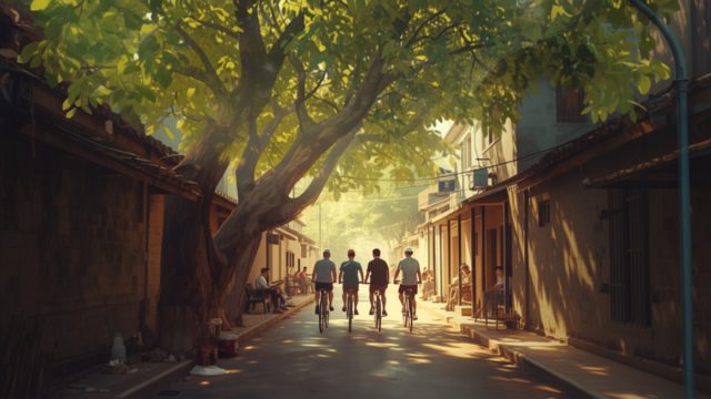Ilustrasi rombongan pesepeda melintasi gang berdinding tembok tua pada pagi hari