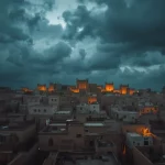 Ilustrasi cakrawala kota tua Sanaa Yaman dengan rumah menara khas saat senja