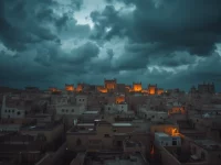 Ilustrasi cakrawala kota tua Sanaa Yaman dengan rumah menara khas saat senja