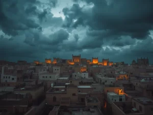 Ilustrasi cakrawala kota tua Sanaa Yaman dengan rumah menara khas saat senja