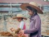 Ilustrasi dua perempuan bercaping menyortir daun tembakau di sebuah lahan.