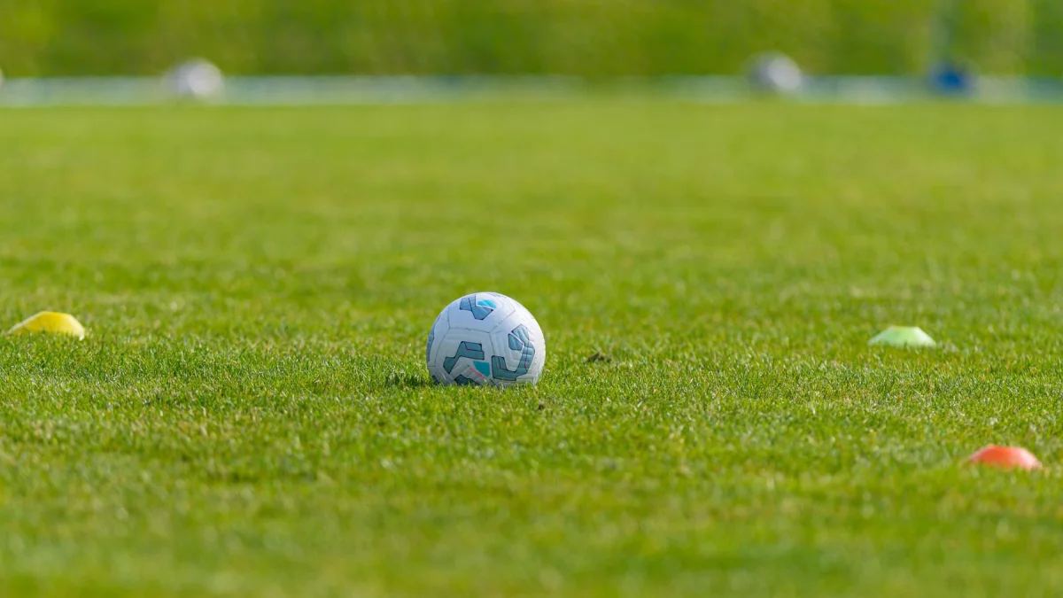 Bola sepak dan kerucut latihan berwarna tergeletak di lapangan rumput hijau