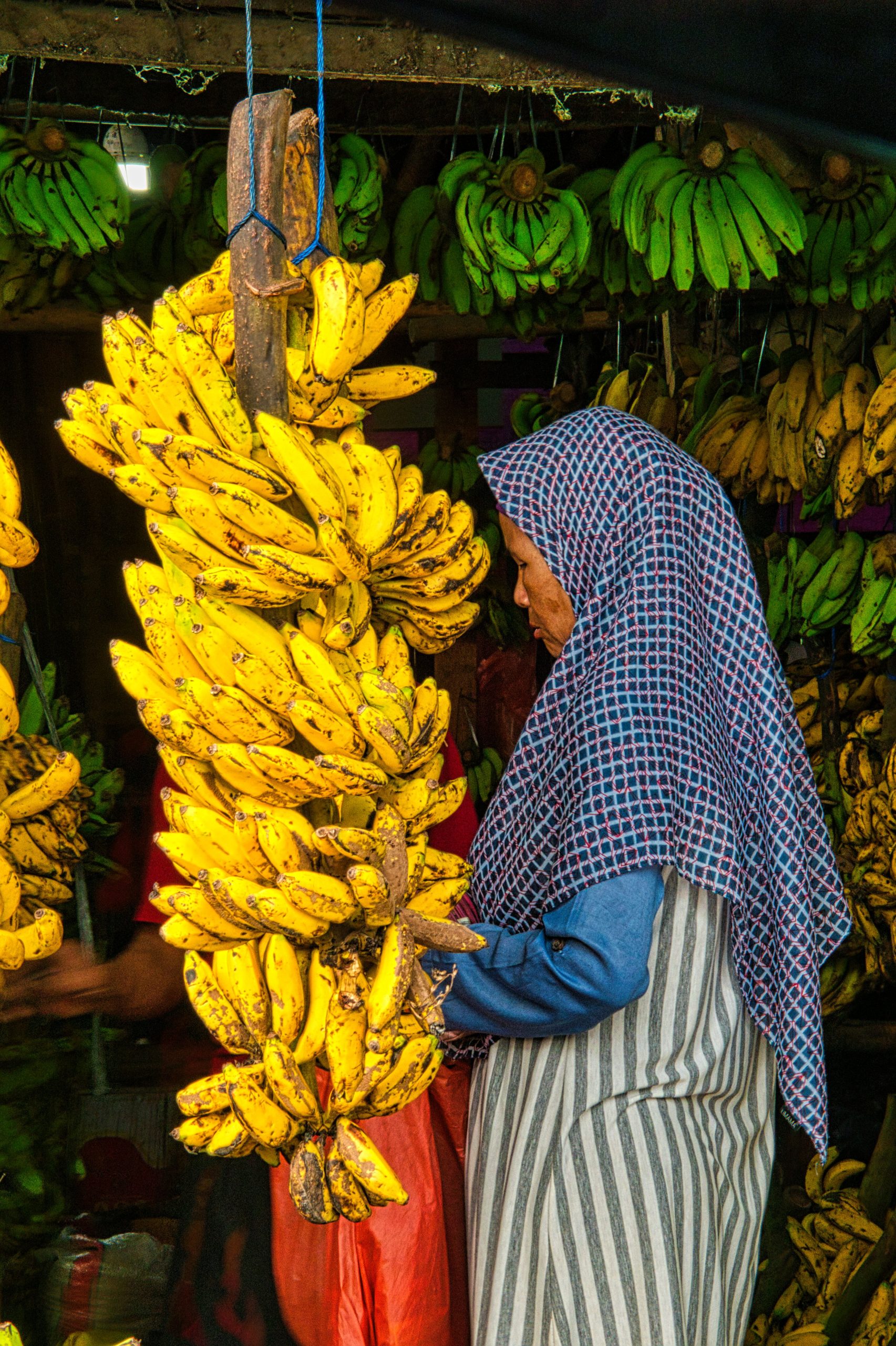 Ilustrasi seorang pedagang berdiri di antara tandan pisang yang digantung di los pasar.