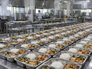 Deretan ompreng berisi nasi dan lauk di meja baja dapur makan bergizi gratis