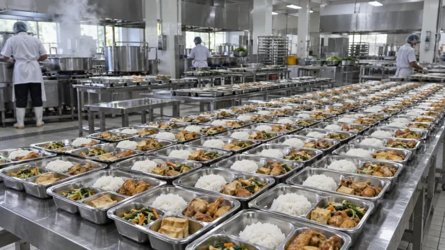 Deretan ompreng berisi nasi dan lauk di meja baja dapur makan bergizi gratis