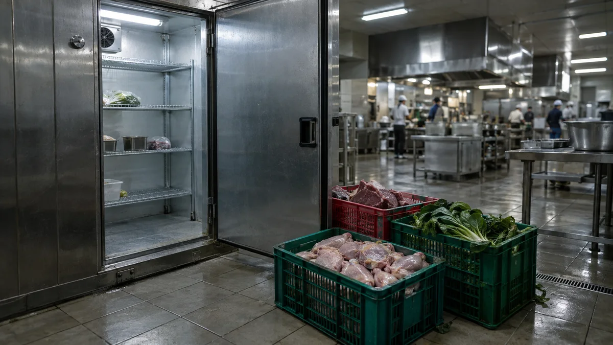 Ruang pendingin dapur terbuka hampir kosong sementara daging, ayam, dan sayur menumpuk di lantai