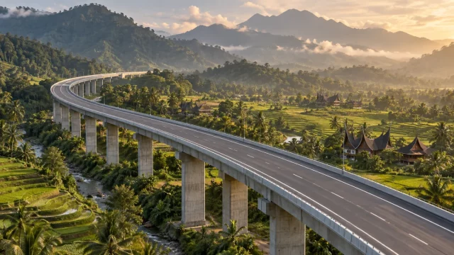 Jalan tol layang membentang di atas lembah persawahan dan rumah gonjong Sumatera Barat