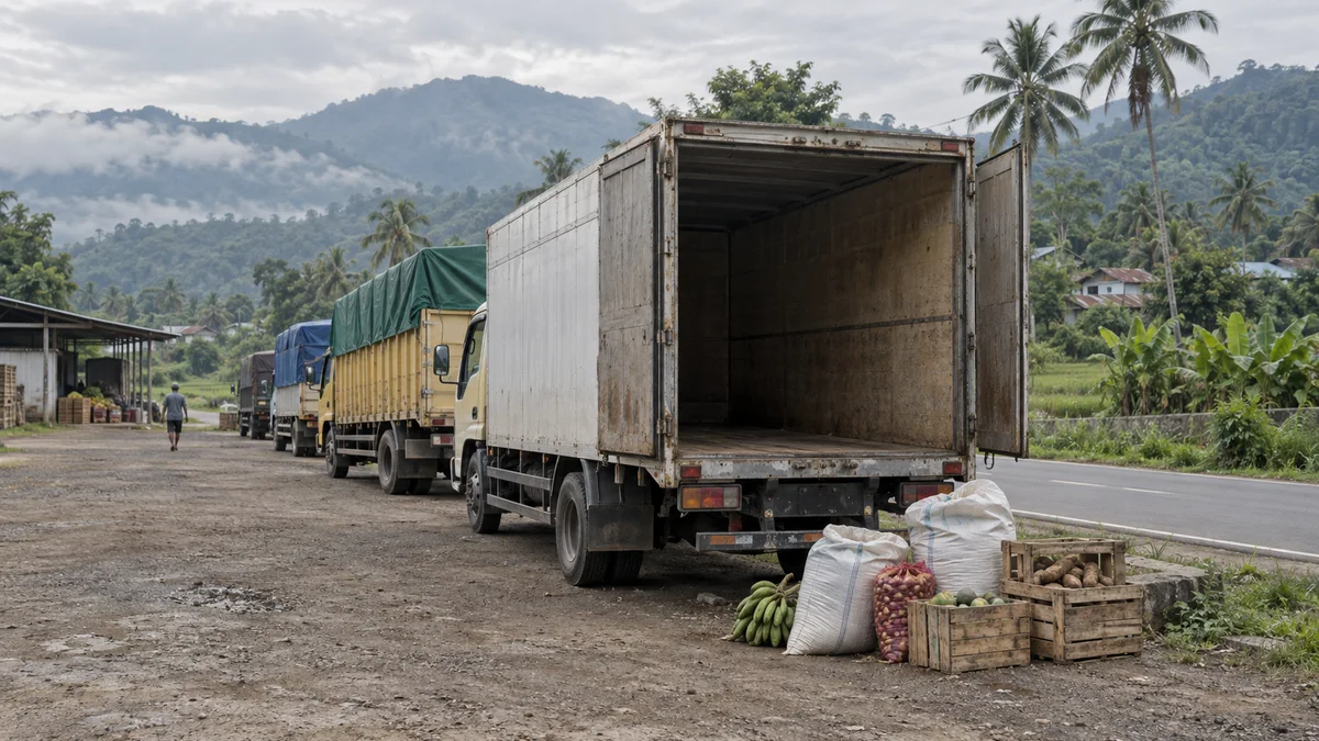 Bak truk kargo terbuka dan kosong di tepi jalan dengan tumpukan hasil bumi yang sedikit