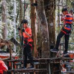 Ilustrasi anak-anak menyusuri wahana tali di sebuah taman petualangan.