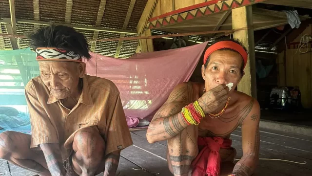 Dua sikerei Mentawai lanjut usia bertato duduk di lantai rumah uma