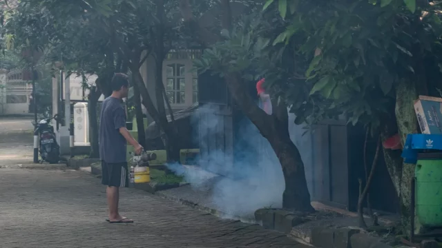 Petugas melakukan fogging untuk mencegah penyebaran nyamuk demam berdarah