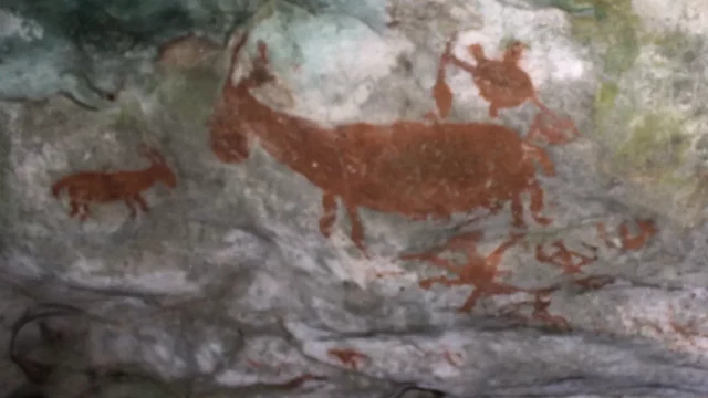 Gambar cadas sosok hewan berwarna merah kecokelatan di dinding gua Liangkabori, Pulau Muna