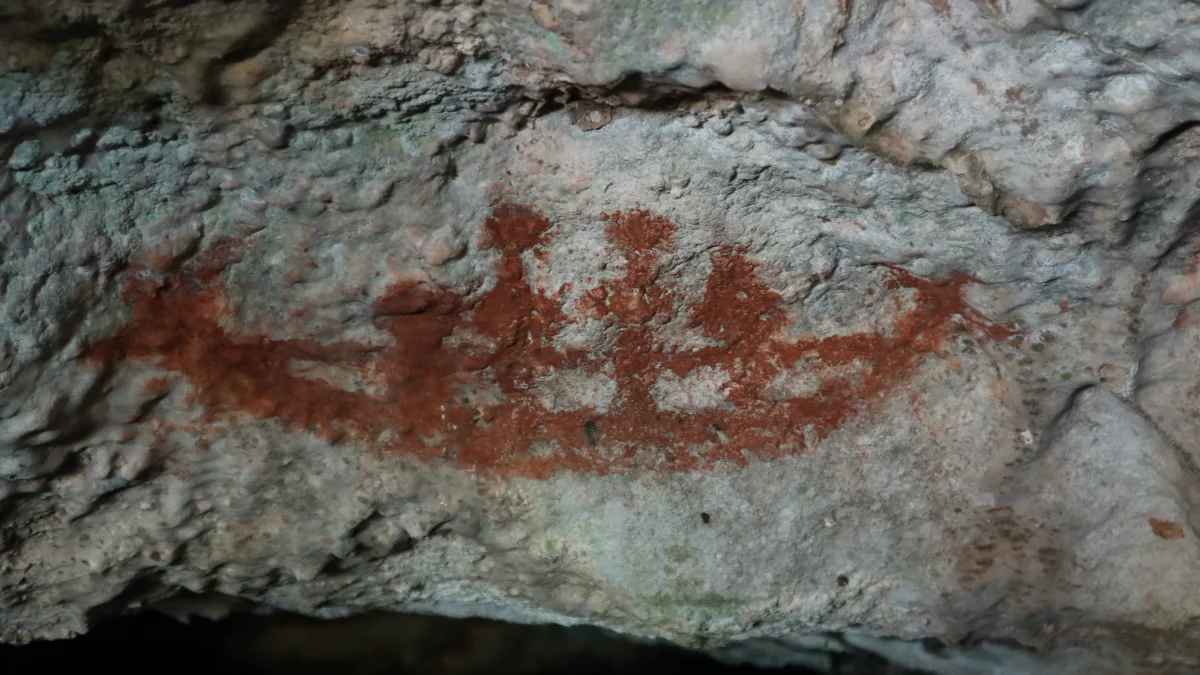Gambar cadas berbentuk perahu berwarna merah kecokelatan di dinding Liang Metanduno, Pulau Muna
