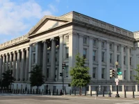 Fasad berpilar Gedung Departemen Keuangan Amerika Serikat