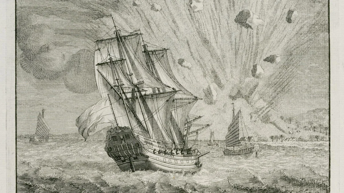 Gravur kapal layar di laut saat Gunung Gamkonora meletus pada 1673