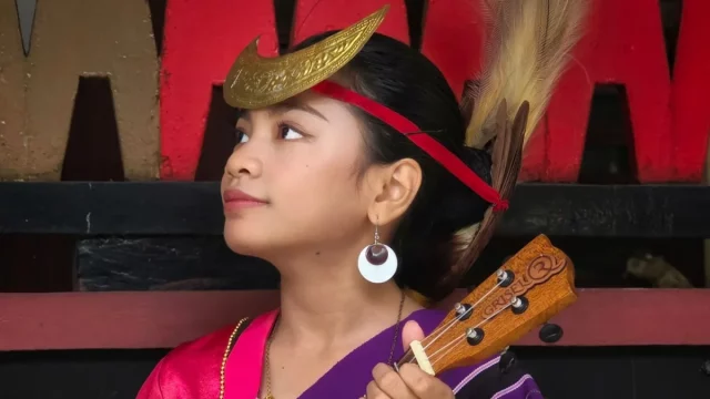 Ilustrasi seorang perempuan berbusana adat memainkan alat musik berdawai