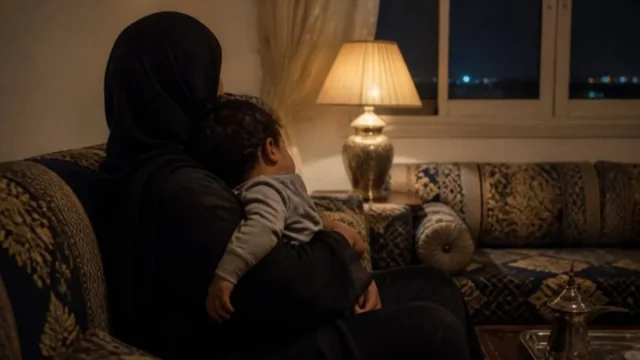 Ilustrasi ibu berabaya gelap memeluk balita di sofa ruang tamu pada malam hari