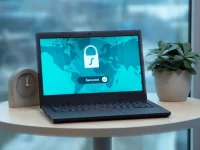 Ilustrasi laptop menampilkan ikon gembok keamanan di atas meja bundar